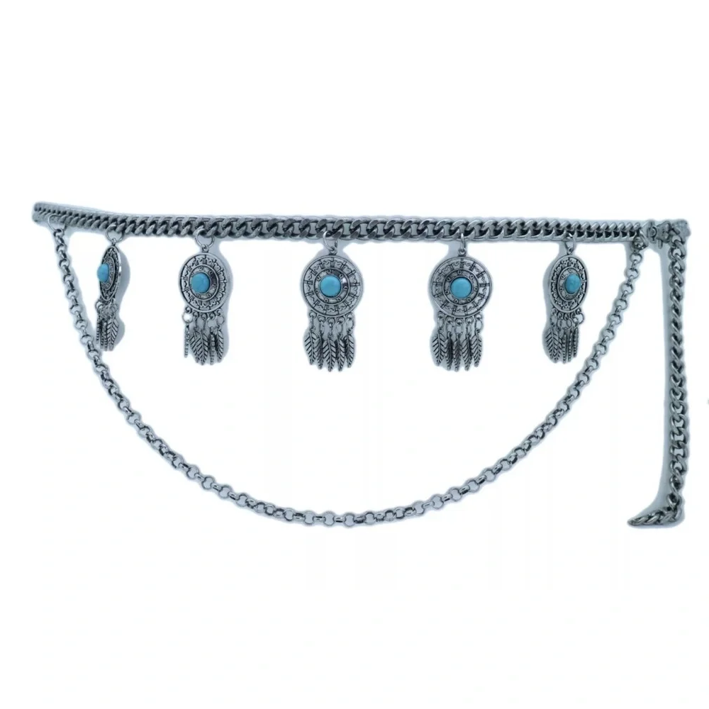 Silver‎ Chain Belt with Turquoise Details feather dream catcher